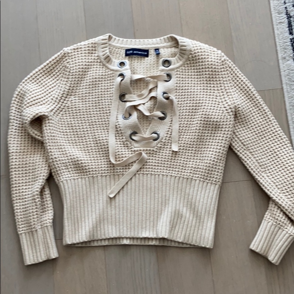 Cream Lace Up Sweater